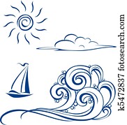 bote, ondas, nuvens, e, sol