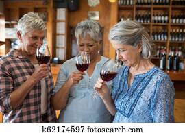 seniorin, freunde, haben, rotwein, in, gasthaus