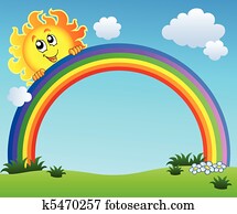 Sun holding rainbow on blue sky