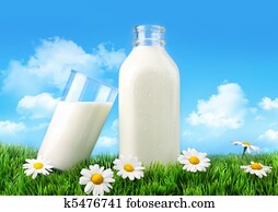 בקבוק, ו, כוס של חלב, עם, דשא, ו, חינניות