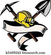 illustration of a coal miner hardhat hat ,shovel or spade and pickax with scroll isolated on white done in retro woodcut style illustration of a coal miner hardhat hat ,shovel or spade and pickax with scroll isolated on white done in retro woodcut style