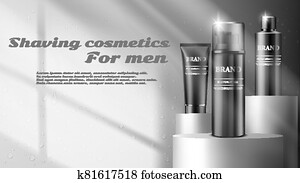 Men cosmetics, shaving foam, Body care cosmetic product on blue background. Vector illustration. Men cosmetics, shaving foam, Body care cosmetic product on blue background. Vector illustration.