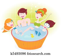 família feliz, em, whirlpool, banho