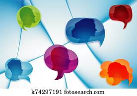 red, information., charla, en, social, redes, o, community., discurso, bubble., comunicarse, grupo, de, diverso, personas., comunicación, silueta, profile., hablar., speak., cabezas, de, personas., gossip., informar