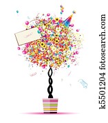 boldog, ünnep, furcsa, fa, noha, léggömb, alatt, edény, helyett, -e, tervezés