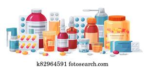 ציור היתולי, meds., drugs,, כמוסות של קדור, ו, מרשם, bottles., שלפוחיות, ו, סם מרגיע, סמם, וקטור, בית מרקחת, תרופה, מושג