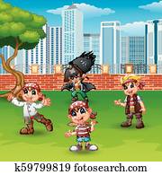 gyerekek, kalózkodik, a parkban