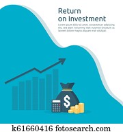 produto poupança, roi, concept., crescimento negócio, setas, para, success., dólar, pilha pilha, moedas, e, dinheiro, bag., mapa, aumento, profit., finanças, esticar, levantar, cima., bandeira, apartamento, estilo, vetorial, ilustração