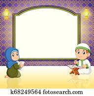 two children are reading al quran in front of the blank banner