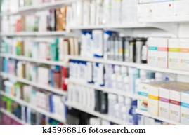 produtos, organizado, em, prateleiras, em, farmácia