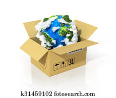 全球, 后勤學, 發貨, 以及, 全世界, 交付, 事務, concept., 綠色的行星, 地球, 在, the, 紙板, box., 生態學, concept.