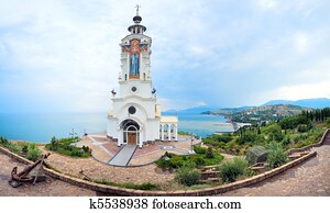 Church - Beacon of St. Nicholas Myra. (The Museum of accidents on water). (Malorechenskoye village, near Alushta, Crimea). Three shots stitch image.