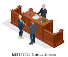 Isometric symbol of law and justice in the courtroom. Vector illustration judge bench defendant attorneys audience. Courtroom proceedings. Isometric symbol of law and justice in the courtroom. Vector illustration judge bench defendant attorneys audience. Courtroom proceedings.