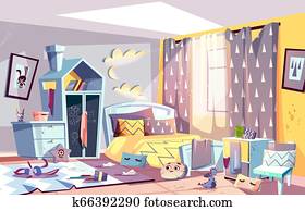 Kids bedroom in mess cartoon illustration Kids bedroom in mess cartoon illustration