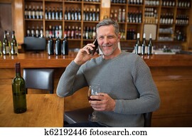 lächeln, älterer mann, reden mobiltelefon, während, haben, rotwein