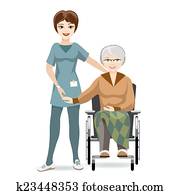 oude vrouw, op, wheelchair, en, verpleegkundige