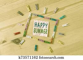 Text sign showing Happy Summer. Conceptual photo Beaches Sunshine Relaxation Warm Sunny Season Solstice Colored clothespin papers empty reminder wooden floor background office. Text sign showing Happy Summer. Conceptual photo Beaches Sunshine Relaxation Warm Sunny Season Solstice Colored clothespin papers empty reminder wooden floor background office.