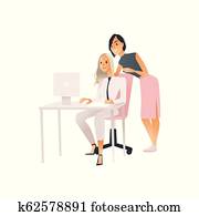 vector, ilustración, de, coworking, comunicación, concepto, con, dos mujeres, trabajando, con, computadora, y, discutir.