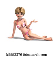 cute and funny cartoon girl wearing a two piece bikini. 3D rendering with clipping path and shadow over white cute and funny cartoon girl wearing a two piece bikini. 3D rendering with clipping path and shadow over white