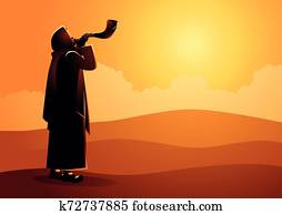 Jewish man blowing the Shofar ram?s horn Jewish man blowing the Shofar ram?s horn