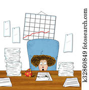 cansado, mulher, trabalhador escritório, com, pilhas, de, paperwork