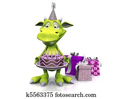 Cute cartoon monster holding birthday cake. Cute cartoon monster holding birthday cake.