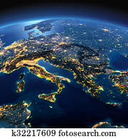 detalhado, earth., itália, grécia, e, mar mediterrâneo, ligado, um, moonlit, noturna detalhado, earth., itália, grécia, e, mar mediterrâneo, ligado, um, moonlit, noturna