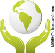 erdball, mit, hände