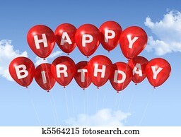 Red Happy Birthday balloons in the sky Red Happy Birthday balloons in the sky