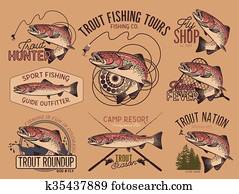 Vintage trout fishing emblems