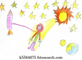 zeichnung kind, von, space.