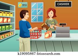 caixa, trabalhando, em, a, mercearia