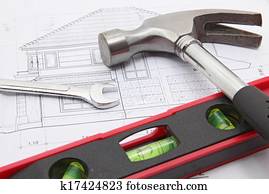 construção, ferramentas, com, casa, blueprint