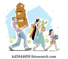 familie, bewegenden heim, begriff, abbildung