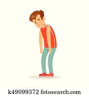 frustrado, triste, menino, personagem, ficar, hunched, vetorial, ilustração