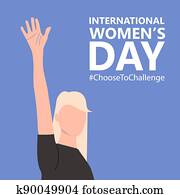 International womens day. 8th march. Poster with beautiful woman with raised hand. Choose to Challenge campaign. Vector illustration in flat style for greeting card, postcard, web, banner. Eps 10.