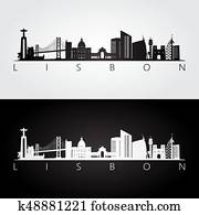 lisboa, skyline, e, marcos, silhouette. lisboa, skyline, e, marcos, silhouette.