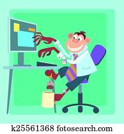 Office monkey working at the computer and making tea