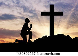 silueta, de, hombre, rezando