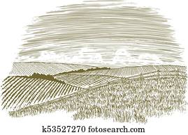 Woodcut Countryside Fence Row Woodcut Countryside Fence Row