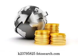 3d, moedas, e, terra, planeta, branco, bckground