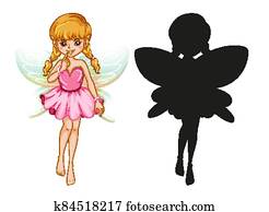 Set of fairy characters and its silhouette on white background Set of fairy characters and its silhouette on white background