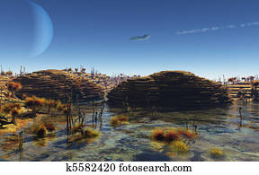 Spaceship flying over alien planet Spaceship flying over alien planet