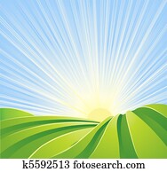 Idyllic green fields with sunshine rays and blue sky Idyllic green fields with sunshine rays and blue sky