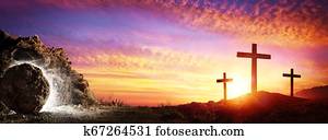 Resurrection - Tomb Empty With Crucifixion At Sunrise Resurrection - Tomb Empty With Crucifixion At Sunrise