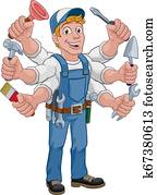 מתקן כל דבר, ציור היתולי, כלים, משגיח, בניה, איש