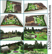 עצב, של, ה, garden., a, קבע, של, דוגמות, ב, ה, נוף מעצב, של, ה, garden.