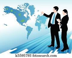 商人, 以及, 婦女看, 在, a, 數字的世界, 地圖