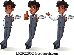 jogo, de, homem negócios, em, colete, apoiando, caricatura, personagem, desenho