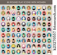 jogo, de, redondo, apartamento, ícones, com, women.